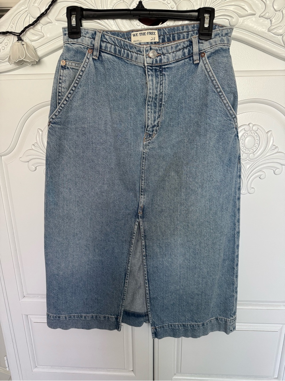We The Free Light Blue Denim Midi Skirt with Front Slit
